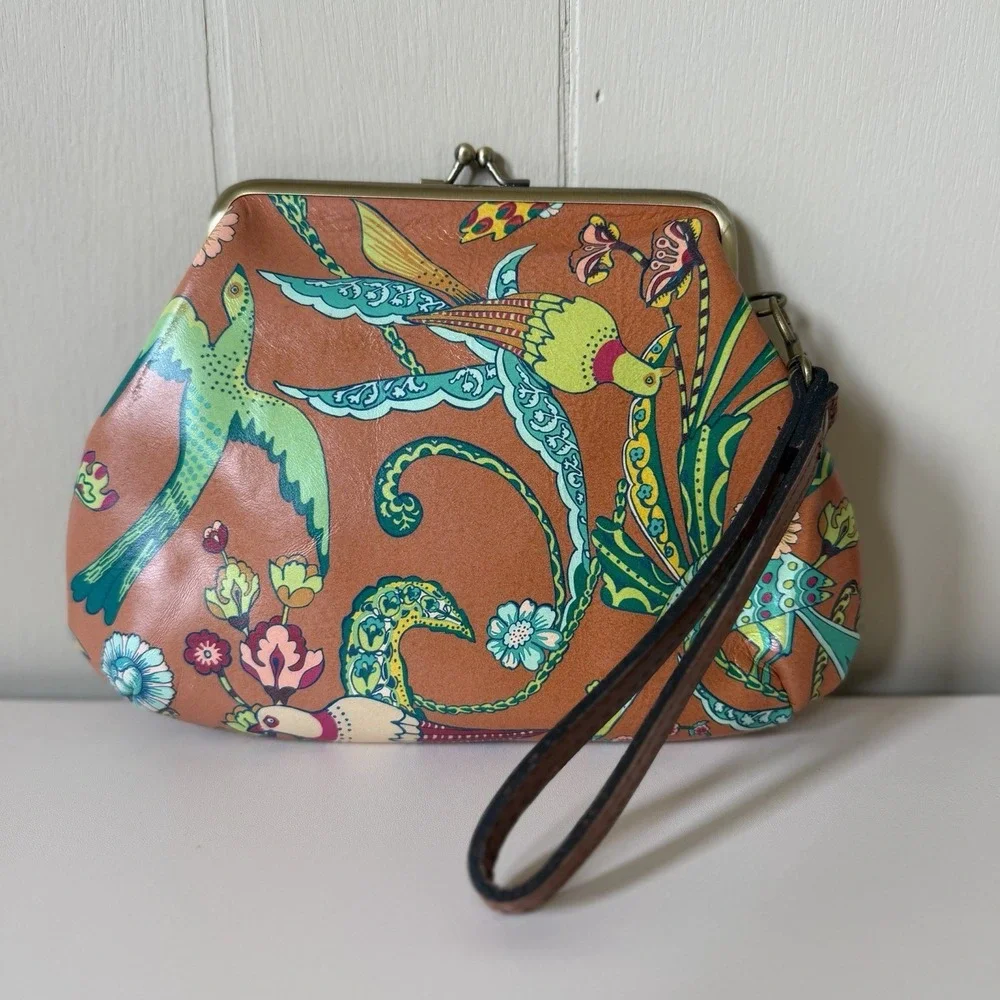 Patricia Nash VTG BIRDS OF PARADISE Colorful Leather Wristlet Clutch Kisslock